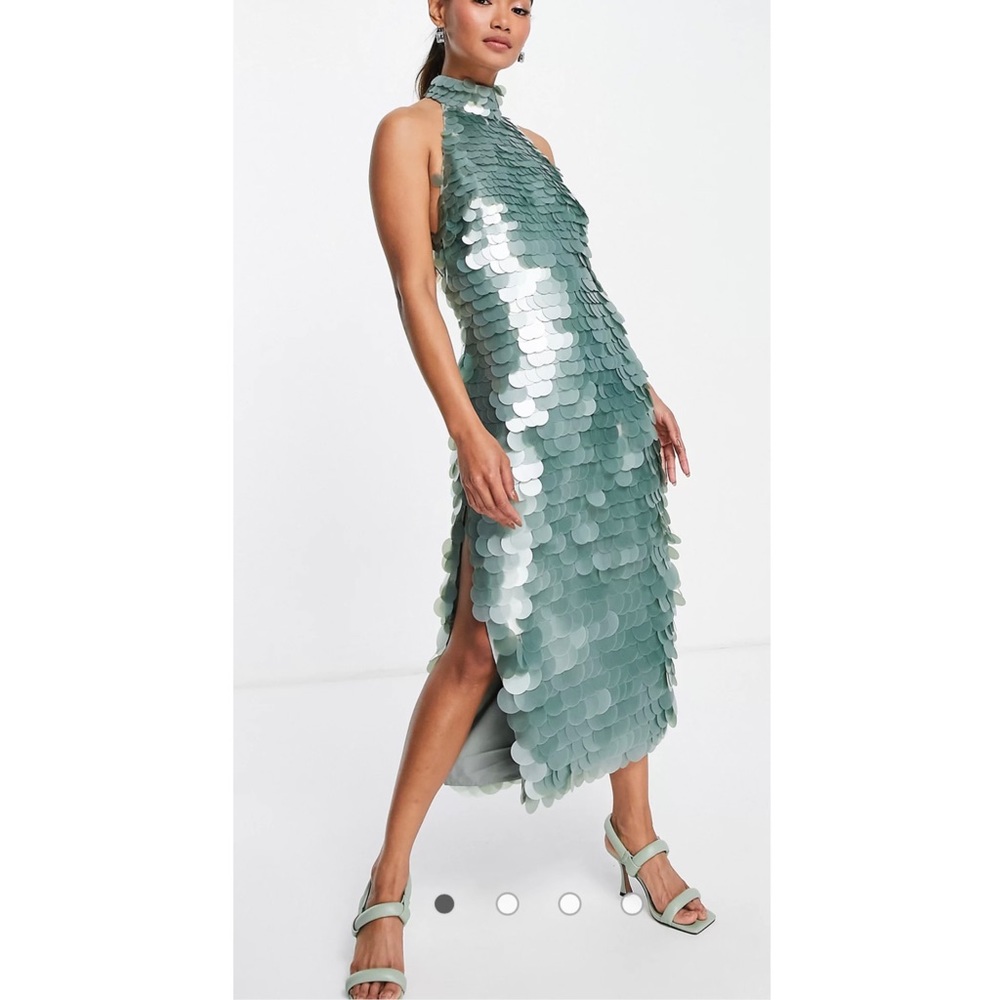 High neck disc sequin backless midi dress
